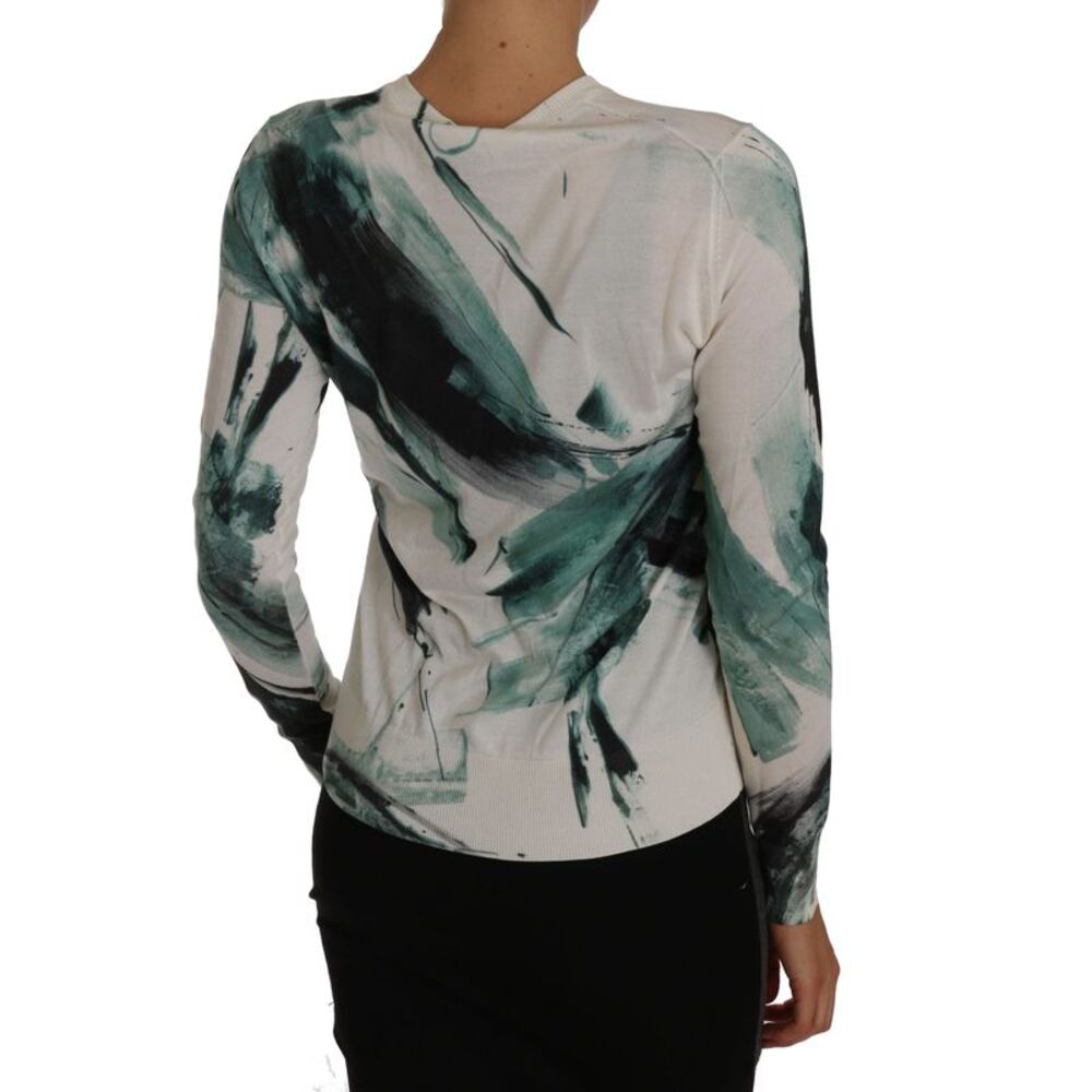 Dolce & Gabbana White Silk Cardigan Lightweight Paint Stroke Women's Sweater